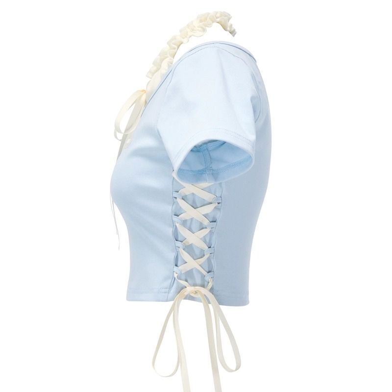 夏日多巴胺穿搭甜辣baby蓝拼接小上衣女挂脖绑带蝴蝶结短袖T