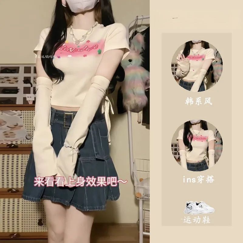 辣妹抽绳修身T恤女夏季新款设计感别致小众短款袖套上衣 辣妹抽绳修身T恤女夏季新款设计感别致小众短款袖套上衣