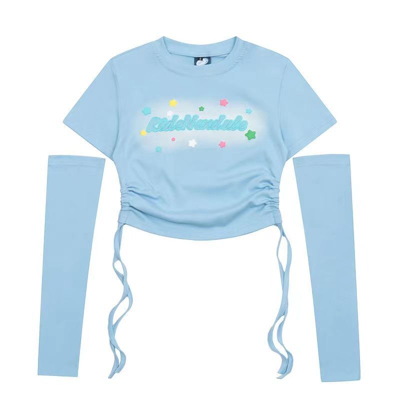 辣妹抽绳修身T恤女夏季新款设计感别致小众短款袖套上衣