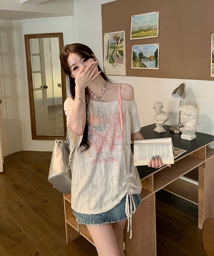 MR 原版面料 【已出货】印花字母露肩防晒宽松上衣女显瘦新款