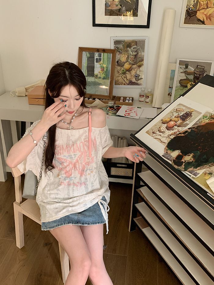 MR 原版面料 【已出货】印花字母露肩防晒宽松上衣女显瘦新款