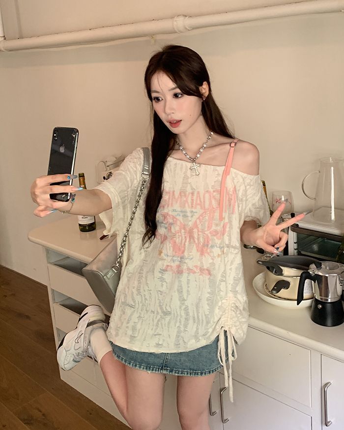 MR 原版面料 【已出货】印花字母露肩防晒宽松上衣女显瘦新款