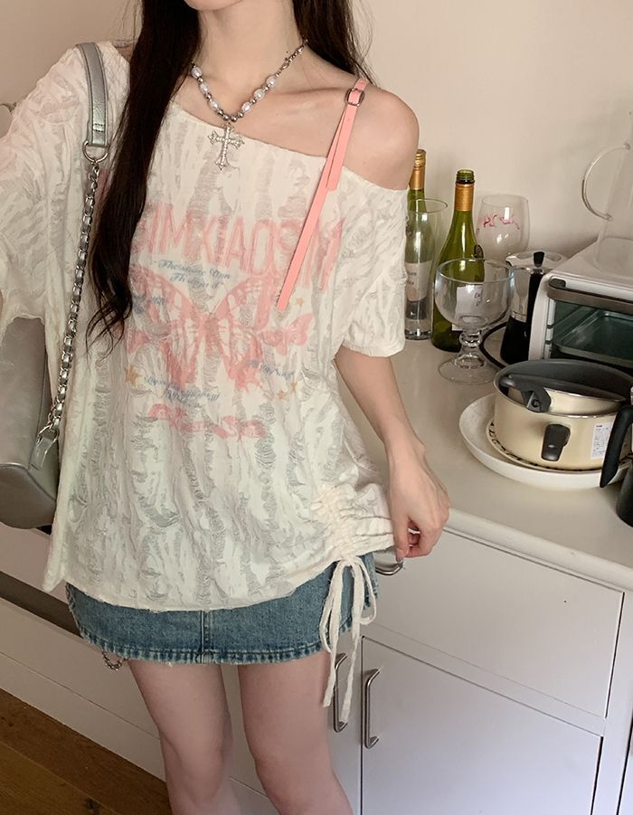 MR 原版面料 【已出货】印花字母露肩防晒宽松上衣女显瘦新款