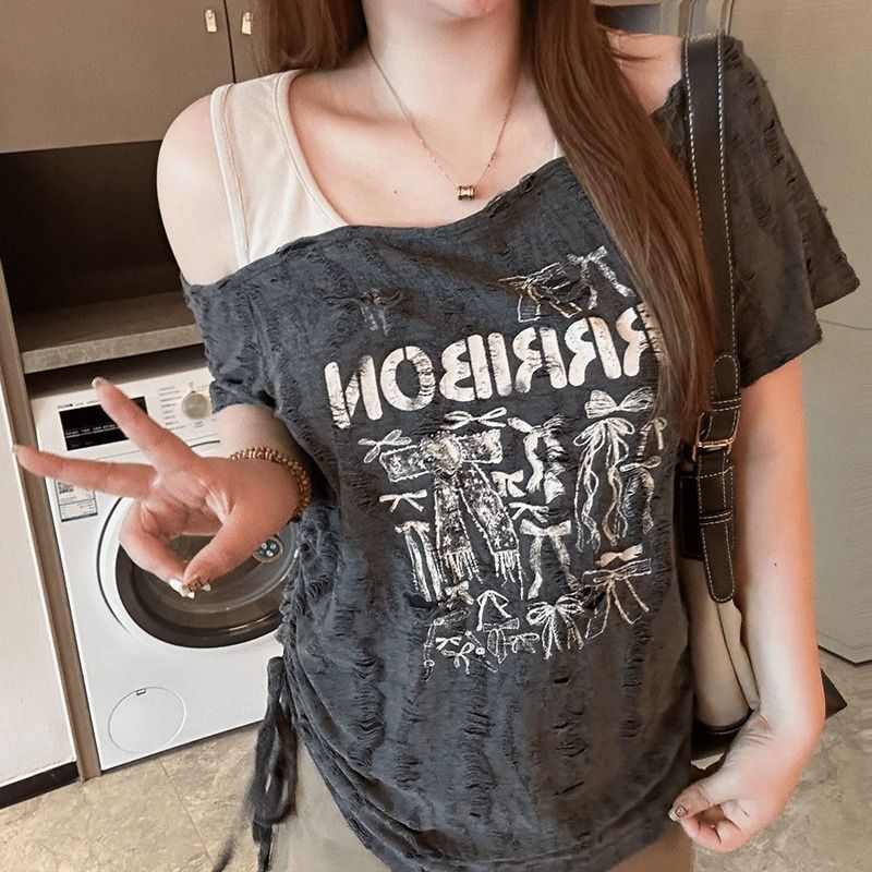 MR【原版破洞布】大码女装美式复古设计感短袖t恤女夏修身显瘦