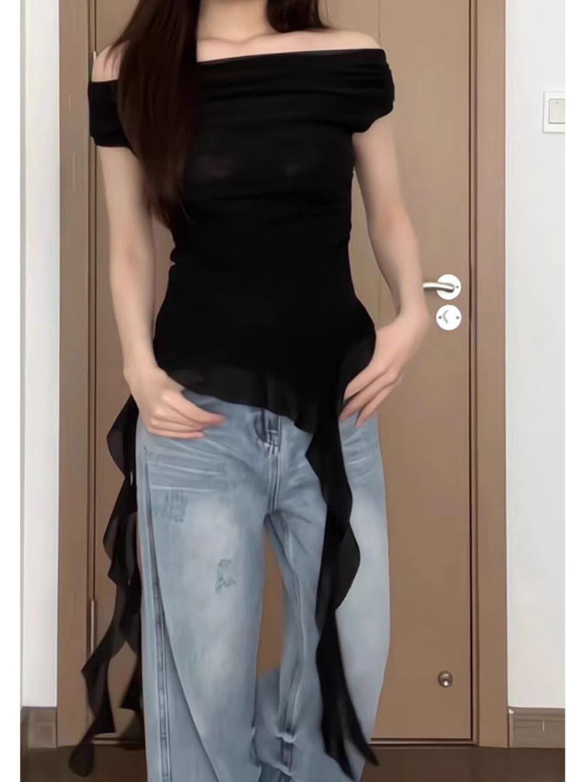 MR 原版做法 一字肩荡领短袖女夏荷叶边不规则飘带下摆大码上