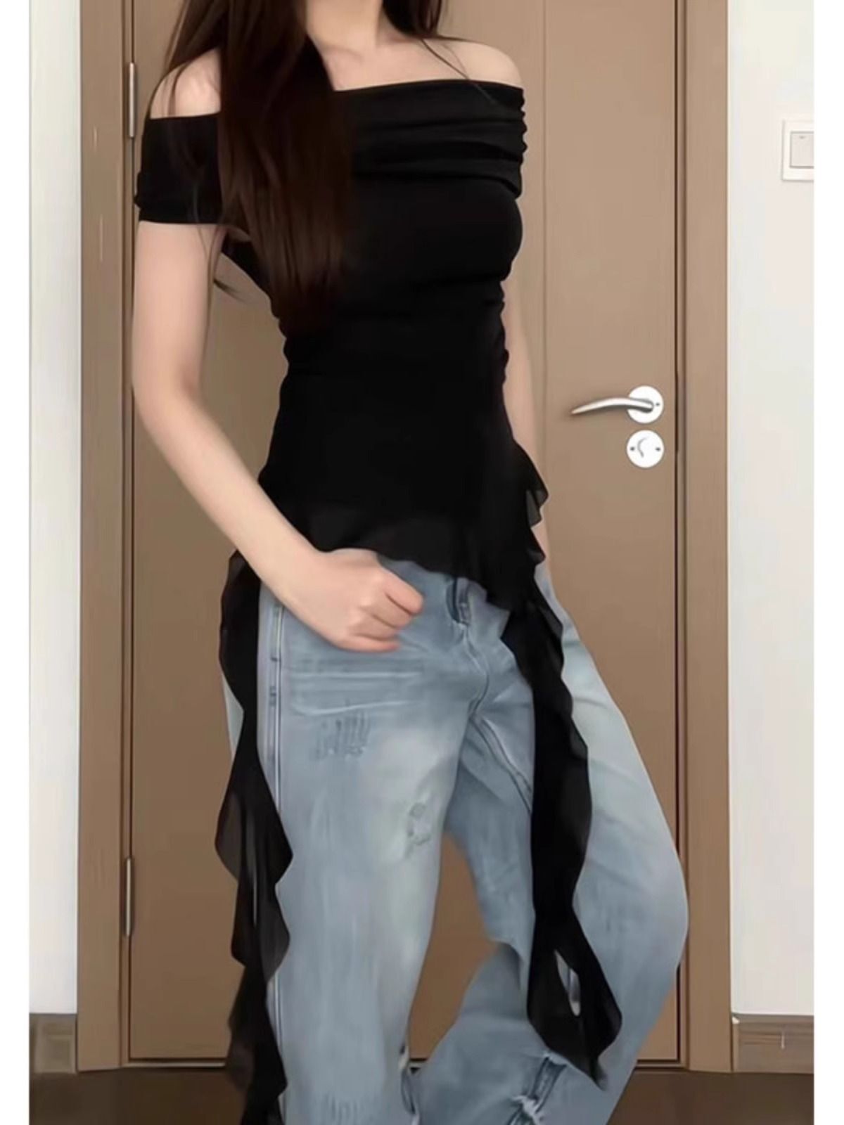 MR 原版做法 一字肩荡领短袖女夏荷叶边不规则飘带下摆大码上