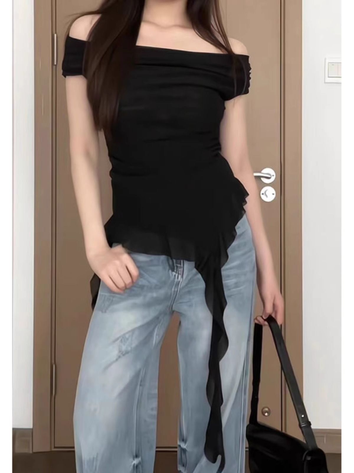 MR 原版做法 一字肩荡领短袖女夏荷叶边不规则飘带下摆大码上