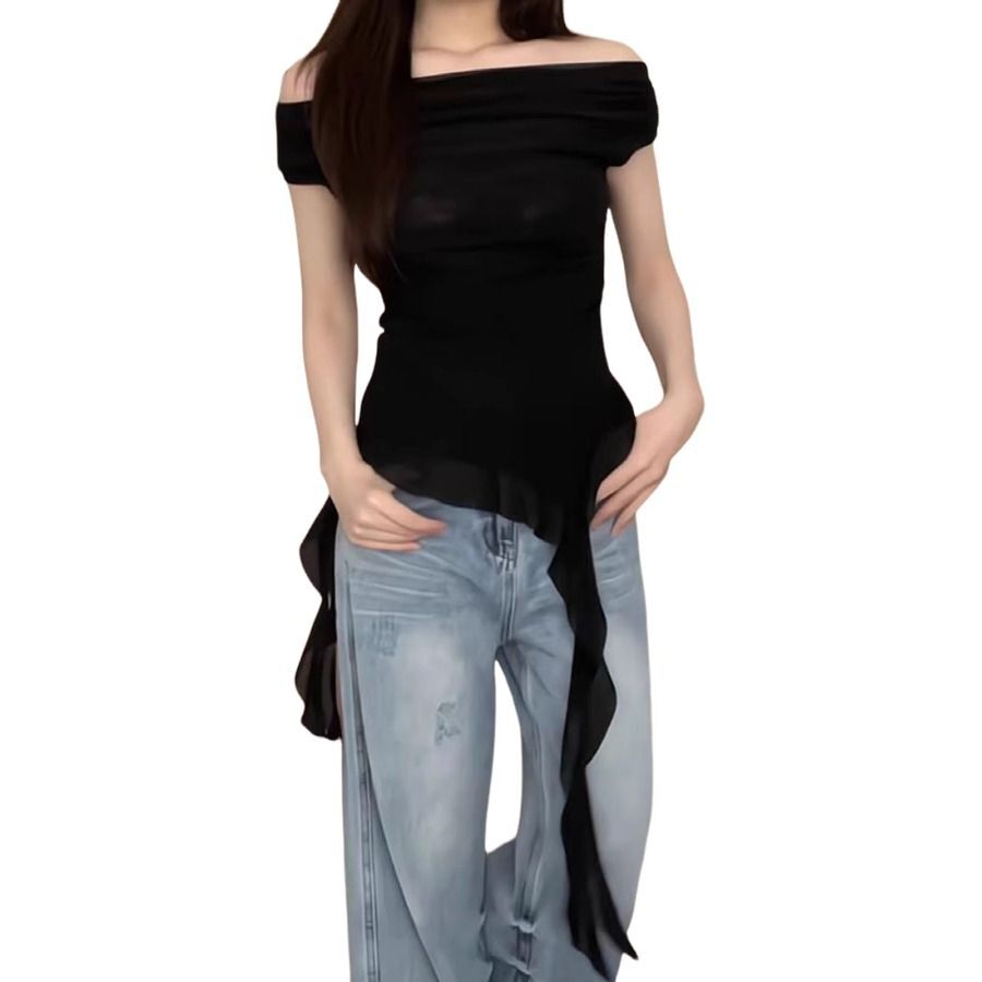 MR 原版做法 一字肩荡领短袖女夏荷叶边不规则飘带下摆大码上