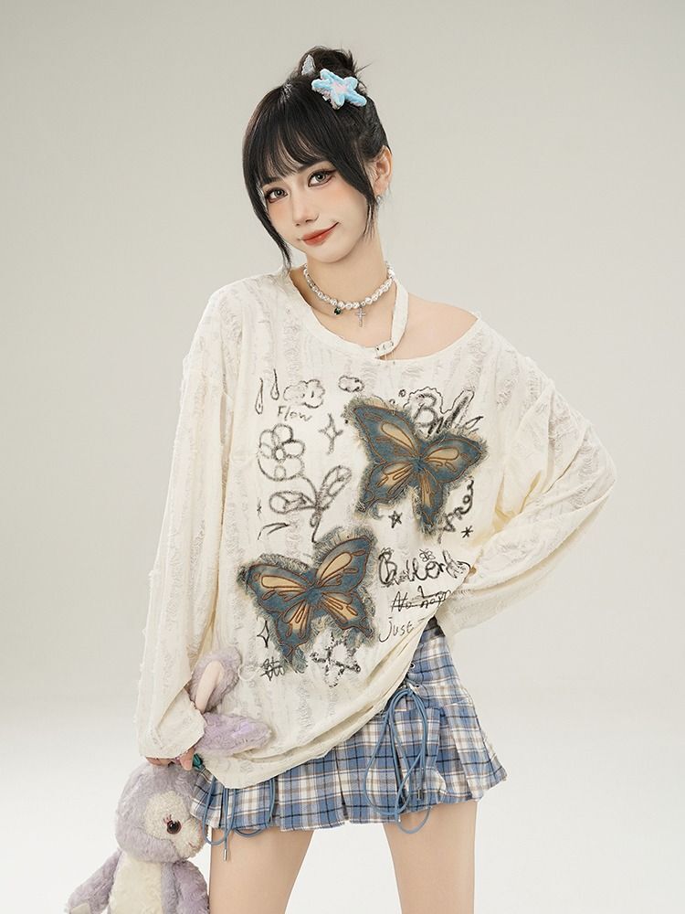 MR 原版破洞布 美式复古蝴蝶贴布露肩女慵懒风薄款设计感破洞