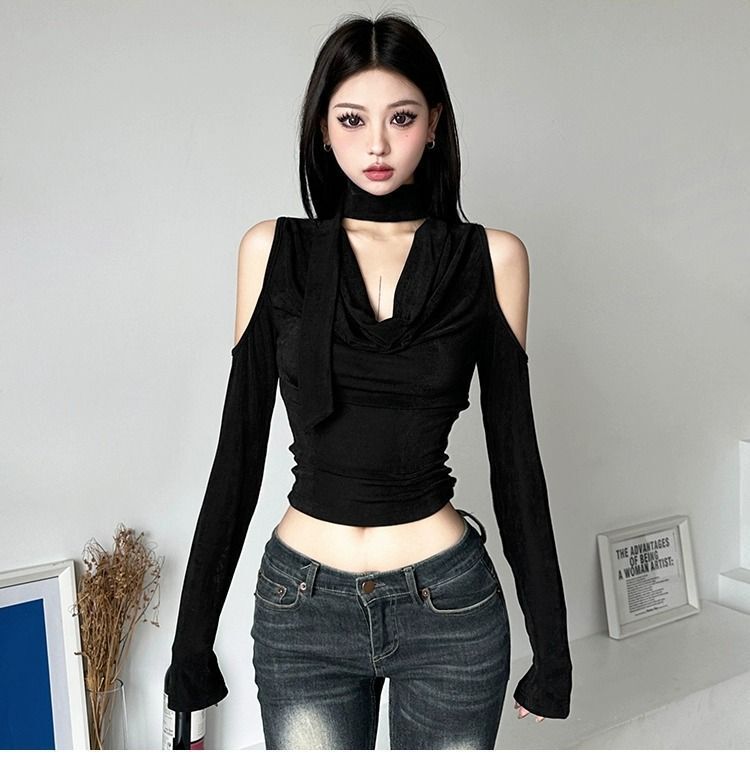 MR【原版做法】辣妹露肩V领镂空修身百搭长袖T恤黑色显瘦上衣