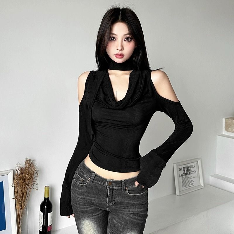 MR【原版做法】辣妹露肩V领镂空修身百搭长袖T恤黑色显瘦上衣