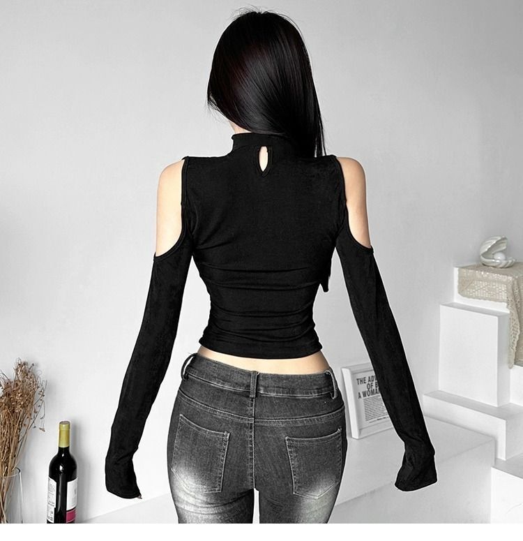 MR【原版做法】辣妹露肩V领镂空修身百搭长袖T恤黑色显瘦上衣