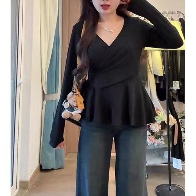 MR【随心裁】大码v领打底衫长袖女早春胖mm遮肚子藏肉显瘦纯