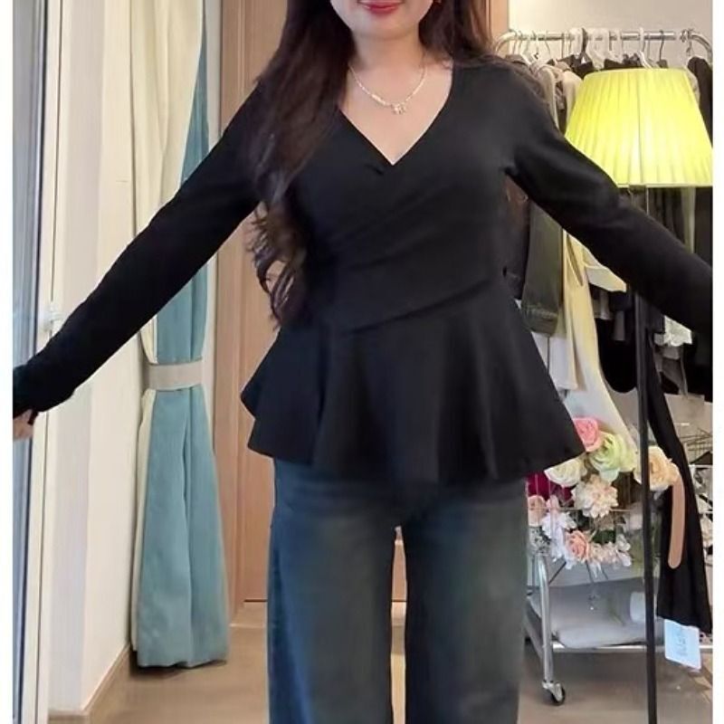 MR【随心裁】大码v领打底衫长袖女早春胖mm遮肚子藏肉显瘦纯