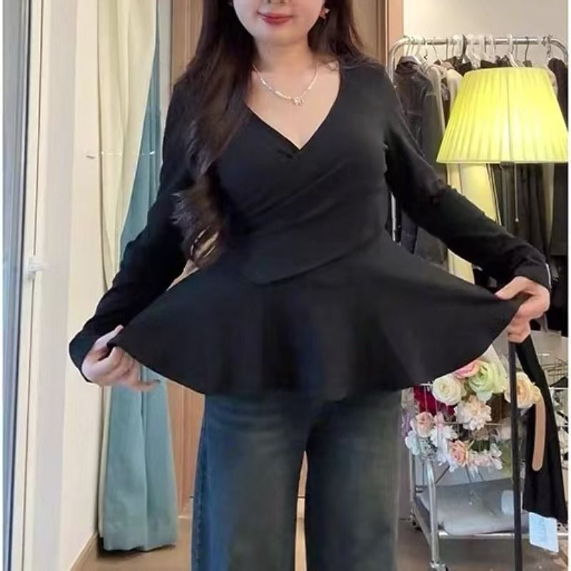 MR【随心裁】大码v领打底衫长袖女早春胖mm遮肚子藏肉显瘦纯