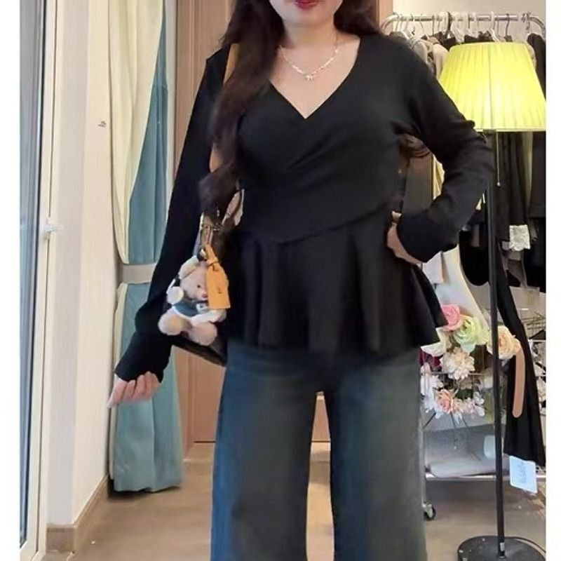 MR【随心裁】大码v领打底衫长袖女早春胖mm遮肚子藏肉显瘦纯