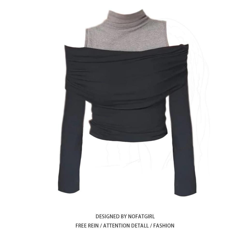 MR【随心裁】韩系撞色露肩长袖打底衫女秋冬新款修身设计感上衣