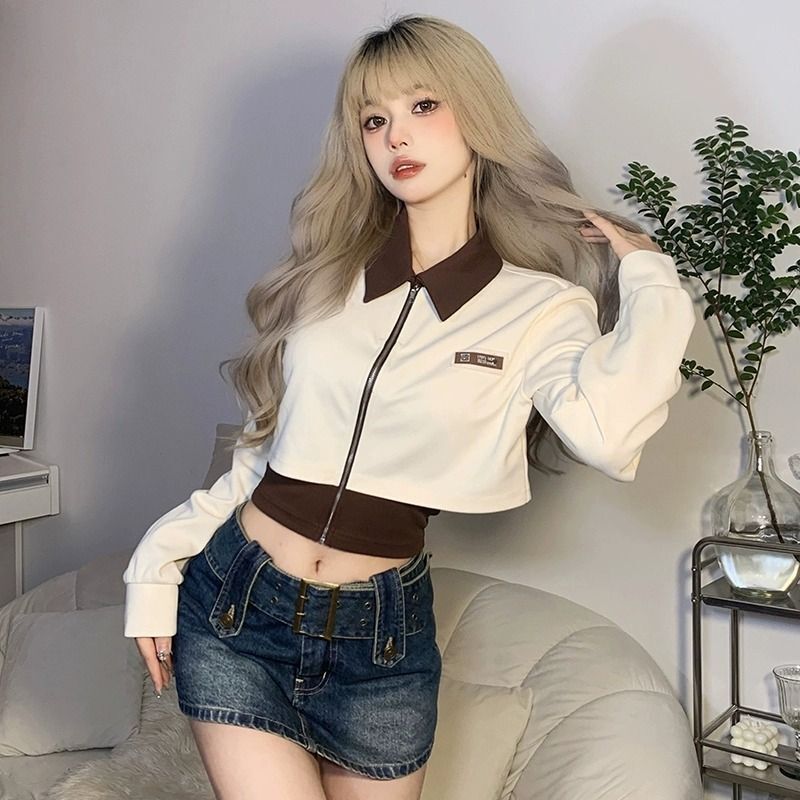 MR【原版面料】复古撞色设计感短款外套女显瘦百搭长袖上衣春秋