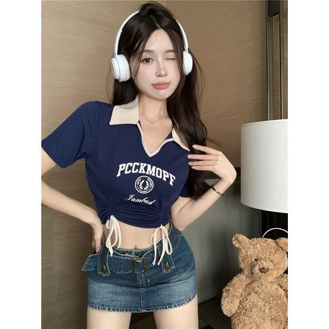 【螺纹250克】收腰T恤女小众上衣辣妹短款修身显瘦撞色pol