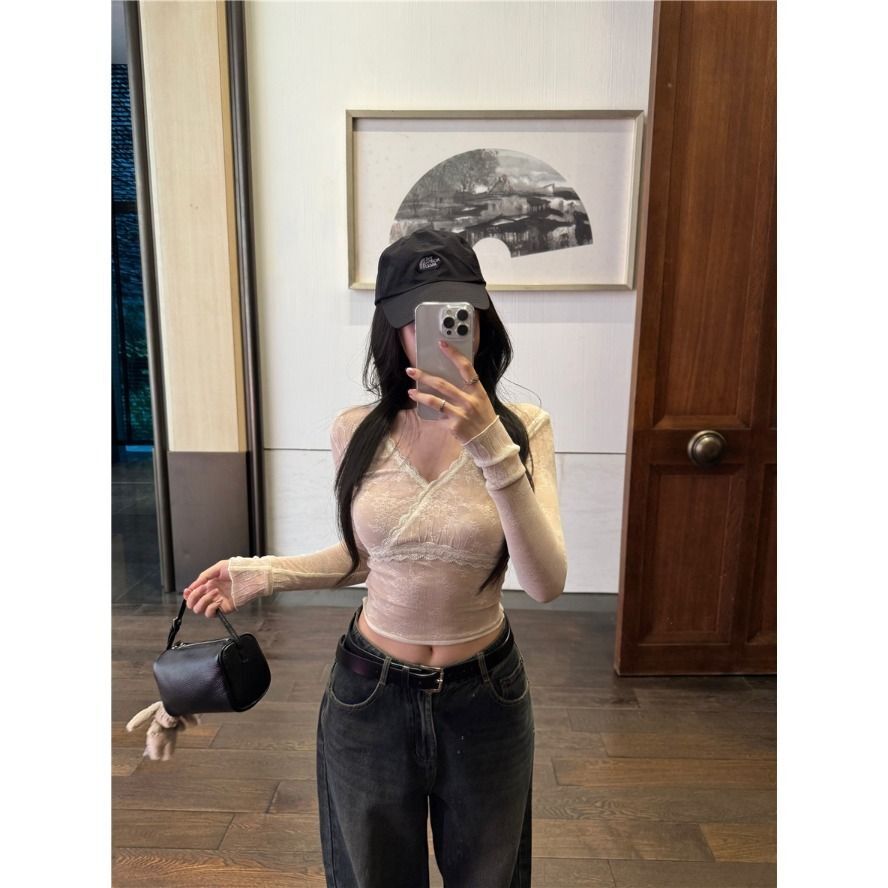 MR【原版蕾丝面料】纯欲风性感蕾丝V领长袖T恤女春秋短款打底