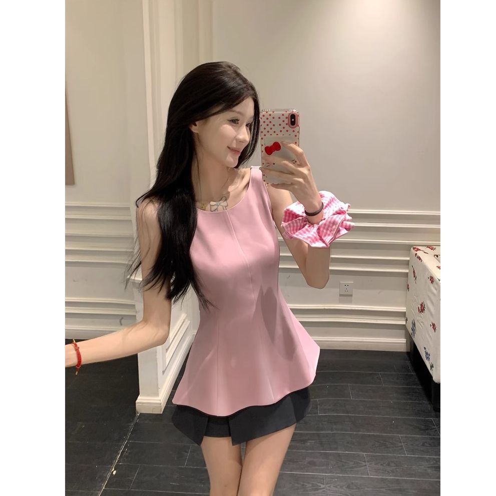 2060【新港棉】粉色挂脖露背无袖吊带背心女夏辣妹性感收腰显