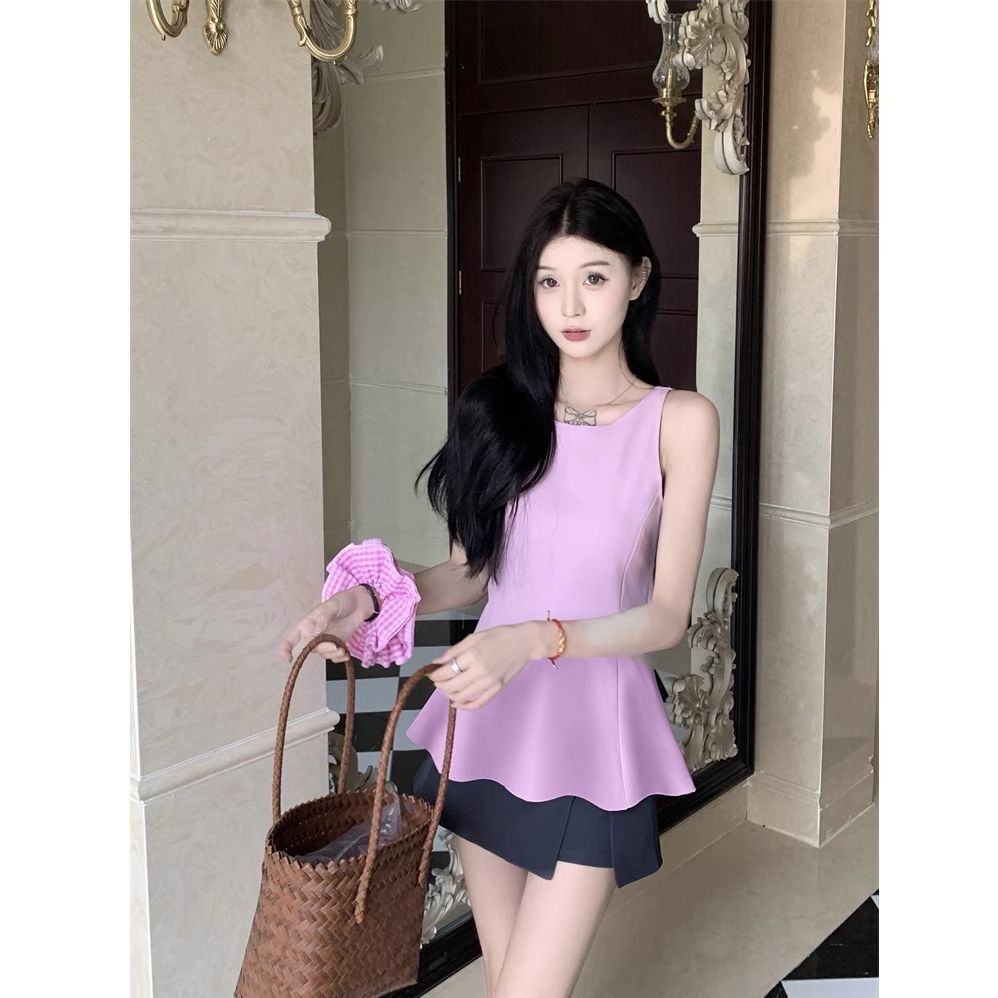 2060【新港棉】粉色挂脖露背无袖吊带背心女夏辣妹性感收腰显