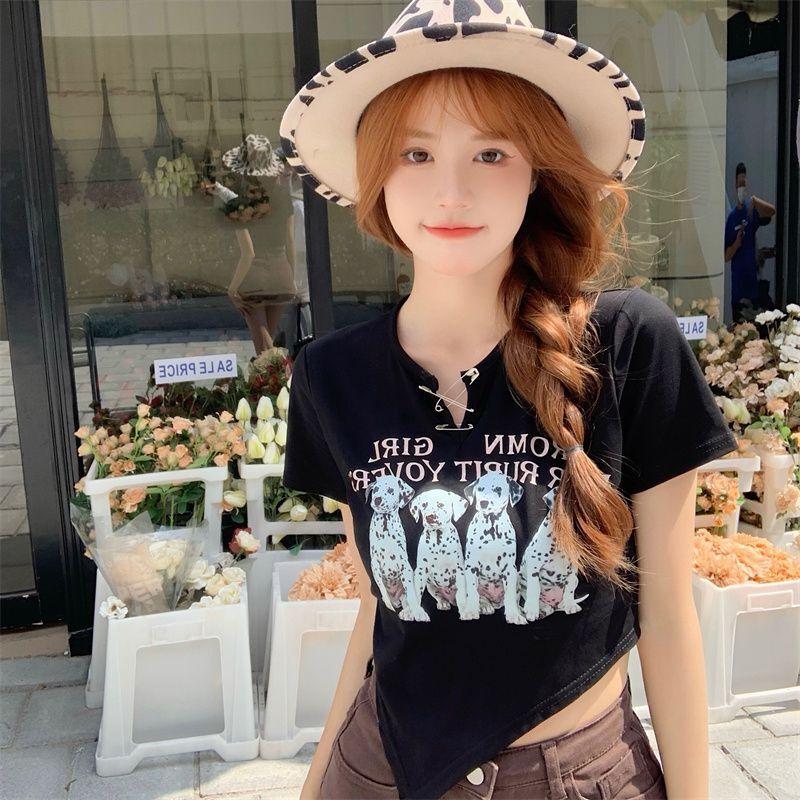 卡通印花正肩短袖T恤女2024年夏季新款胖mm修身短款显瘦上