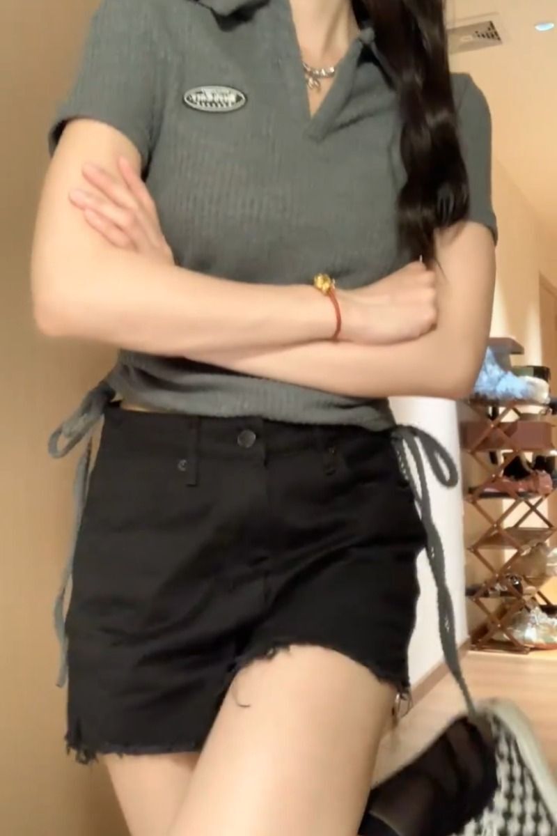 官图实价 polo领短袖T恤女夏季抽绳设计感修身字母辣妹短款