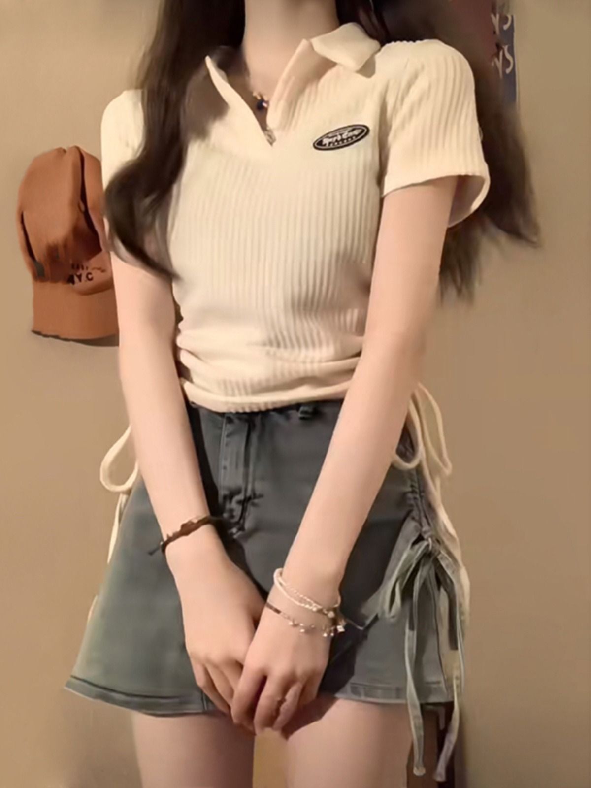 官图实价 polo领短袖T恤女夏季抽绳设计感修身字母辣妹短款