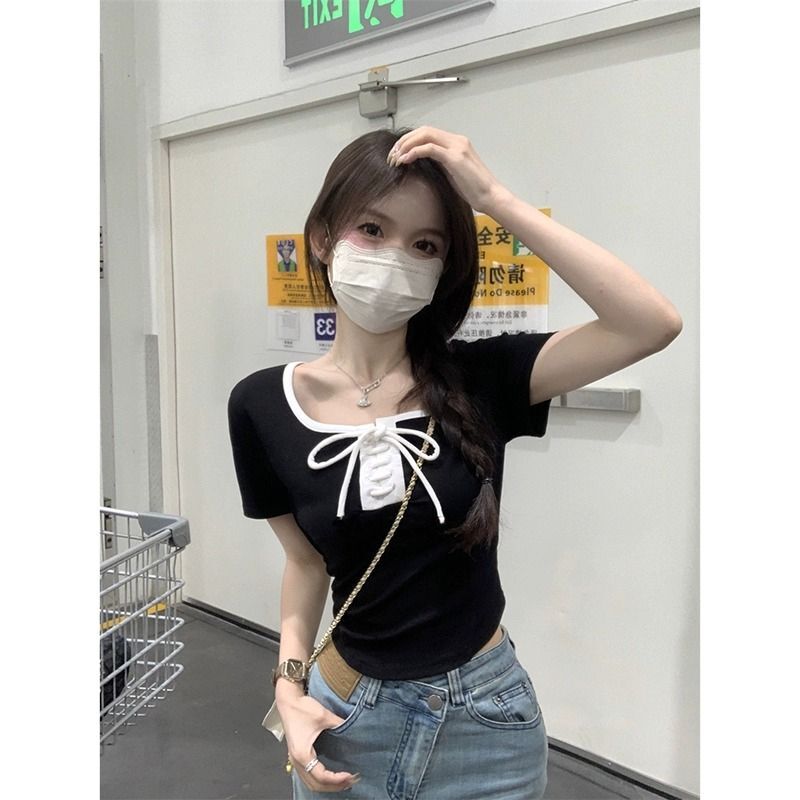 设计感方领绑带T恤女夏季韩版修身显瘦短款甜辣正肩上衣