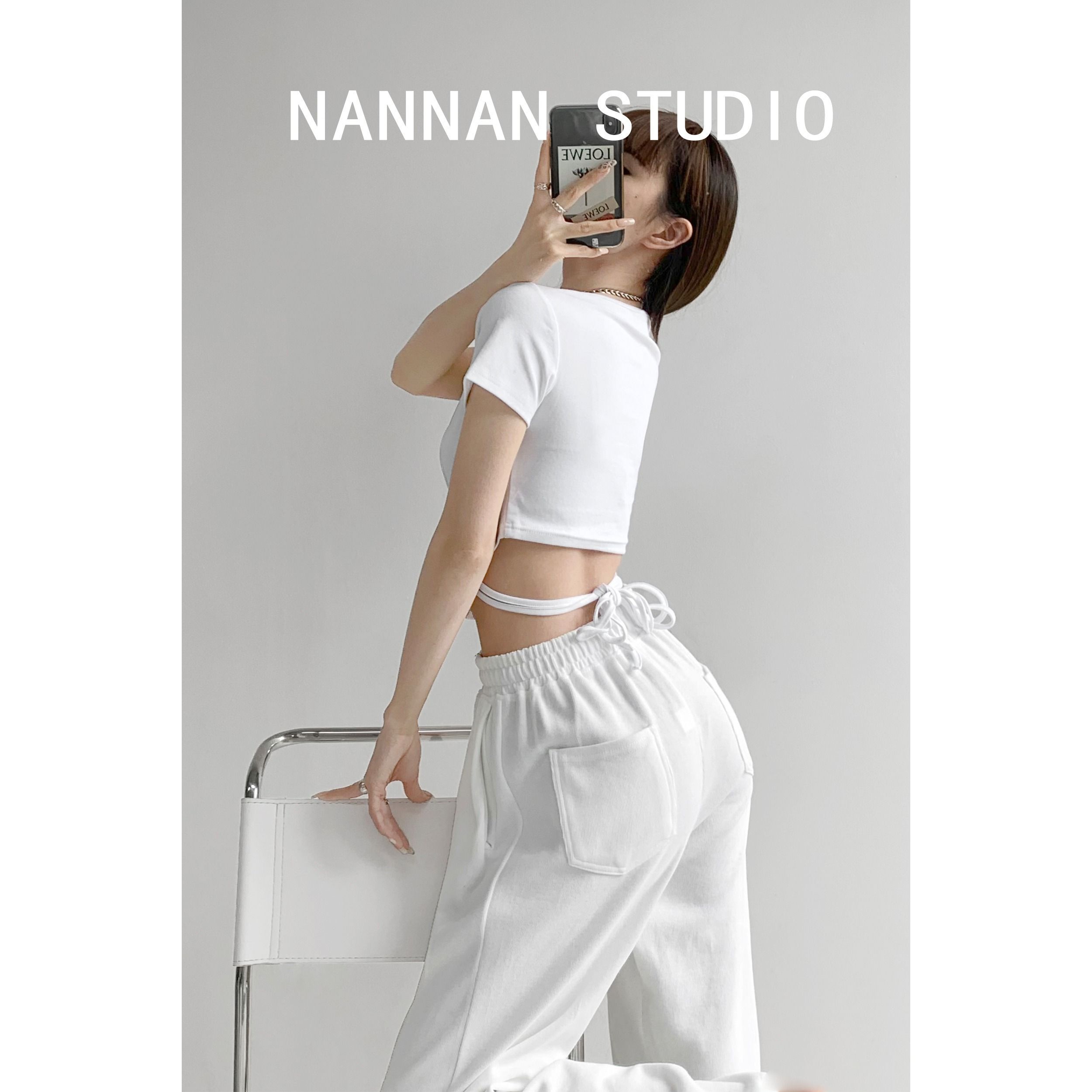 【实价】复古纯欲辣妹风弧形露腰绑带短款上衣女显瘦鱼骨修身T恤