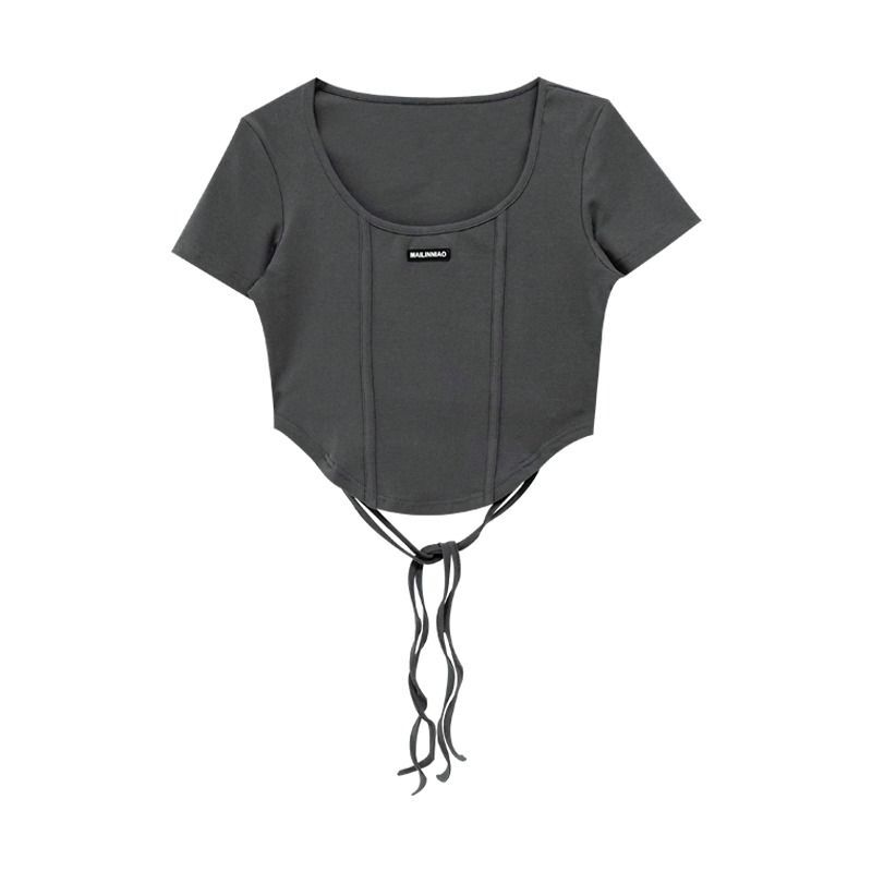 【实价】复古纯欲辣妹风弧形露腰绑带短款上衣女显瘦鱼骨修身T恤