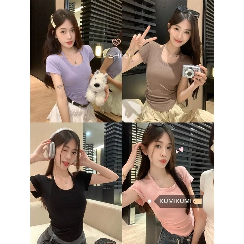 【实价】辣妹系带挂脖短袖正肩女T恤夏季设计感不规则短款上衣i