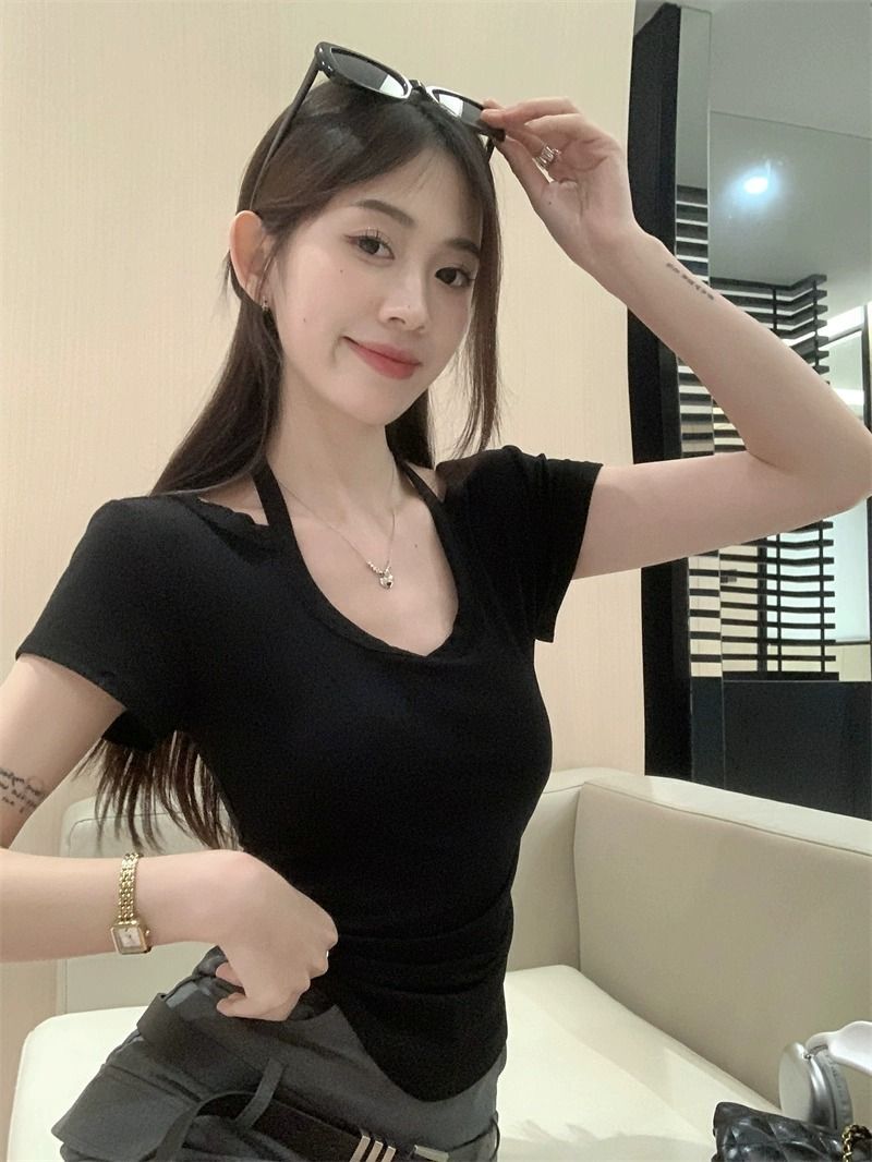 【实价】辣妹系带挂脖短袖正肩女T恤夏季设计感不规则短款上衣i