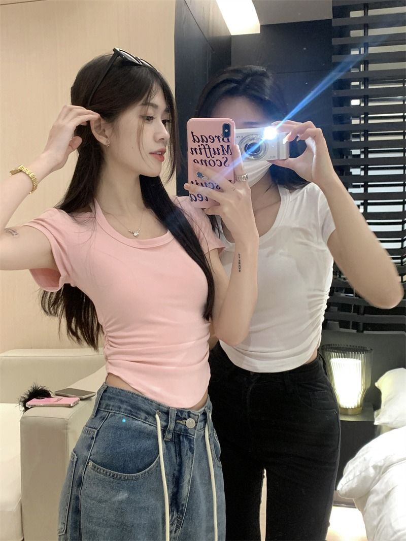 【实价】辣妹系带挂脖短袖正肩女T恤夏季设计感不规则短款上衣i