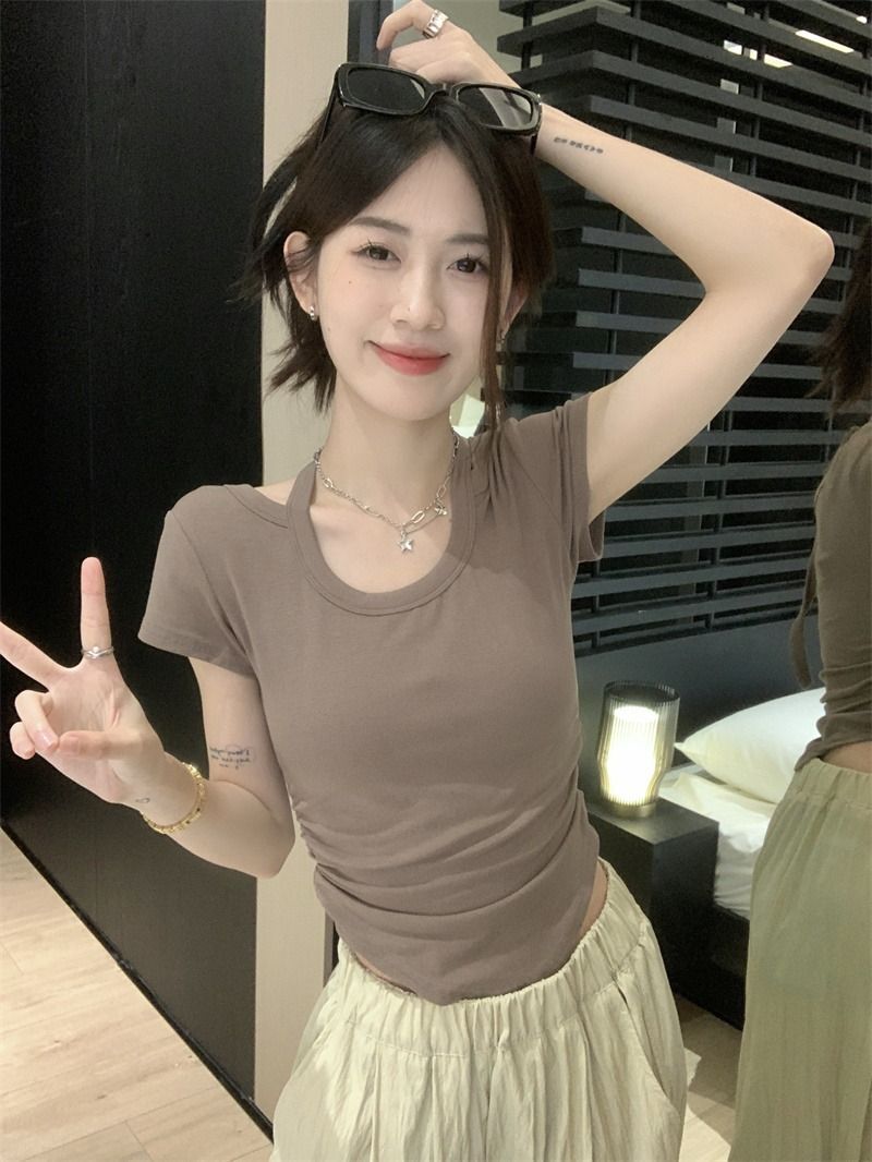 【实价】辣妹系带挂脖短袖正肩女T恤夏季设计感不规则短款上衣i