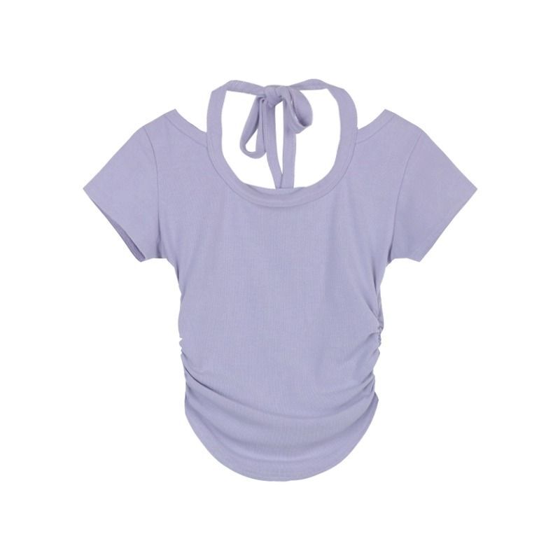 【实价】辣妹系带挂脖短袖正肩女T恤夏季设计感不规则短款上衣i