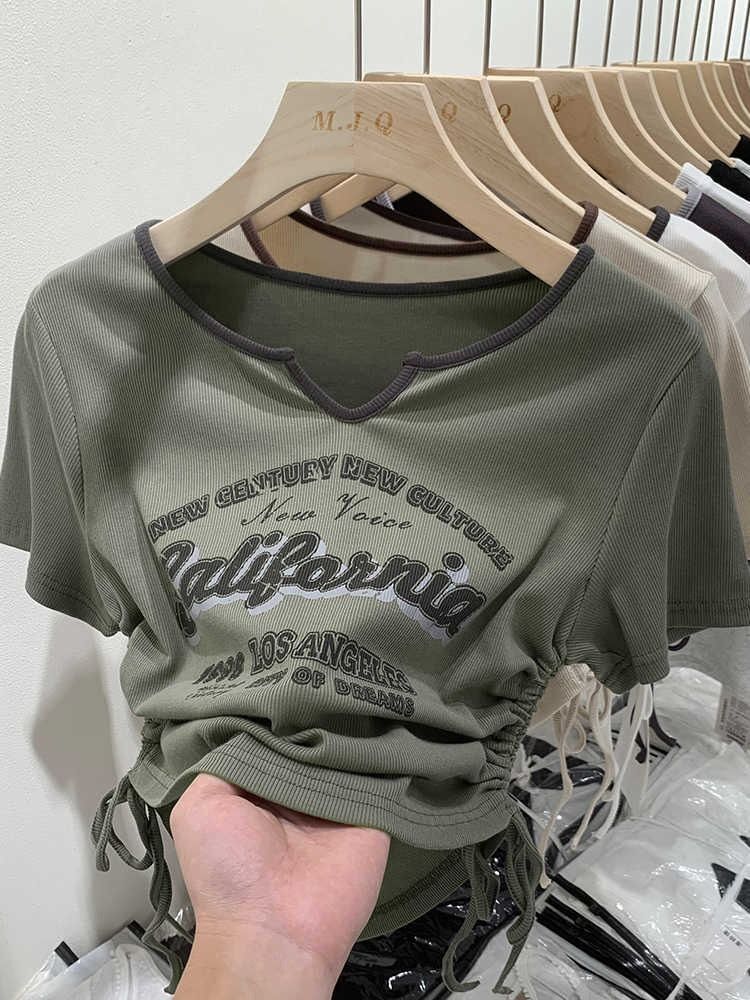 美式复古字母印花短袖T恤女V领抽绳设计感2023夏季新款短款 美式复古字母印花短袖T恤女V领抽绳设计感2023夏季新款短款