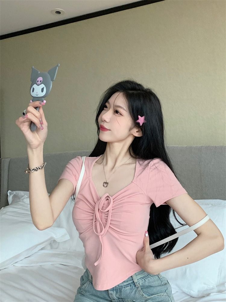 【现货】甜辣修身内搭短袖T恤女夏季设计感小众方领抽绳正肩短款