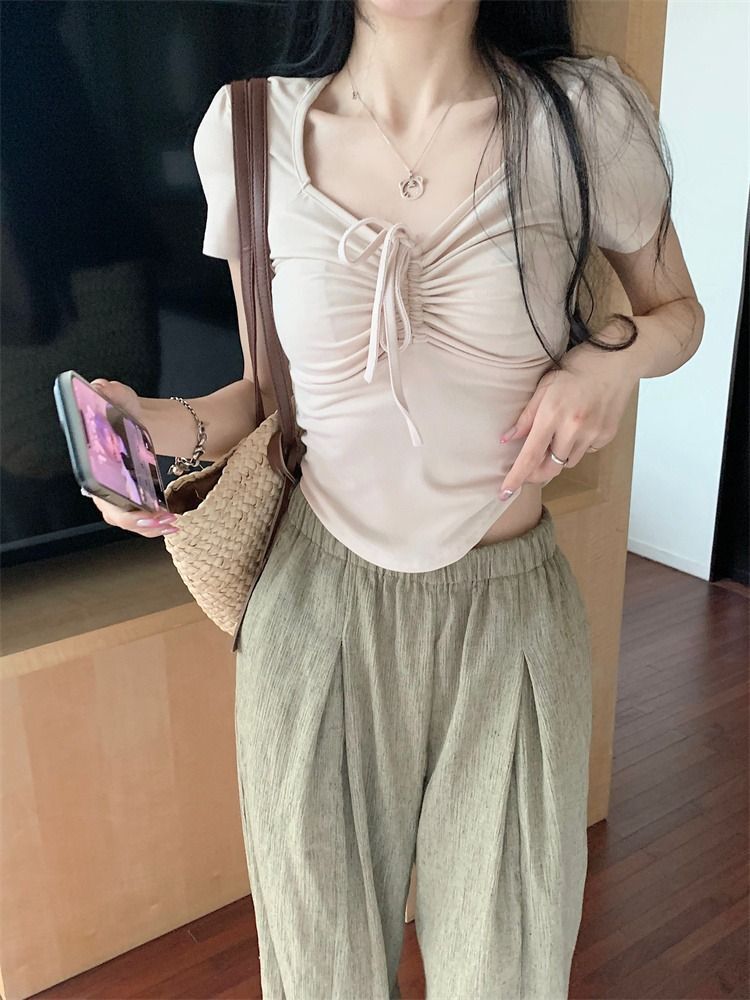 【现货】甜辣修身内搭短袖T恤女夏季设计感小众方领抽绳正肩短款