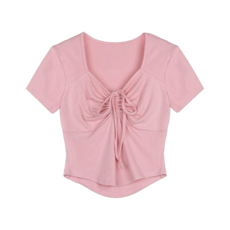 【现货】甜辣修身内搭短袖T恤女夏季设计感小众方领抽绳正肩短款