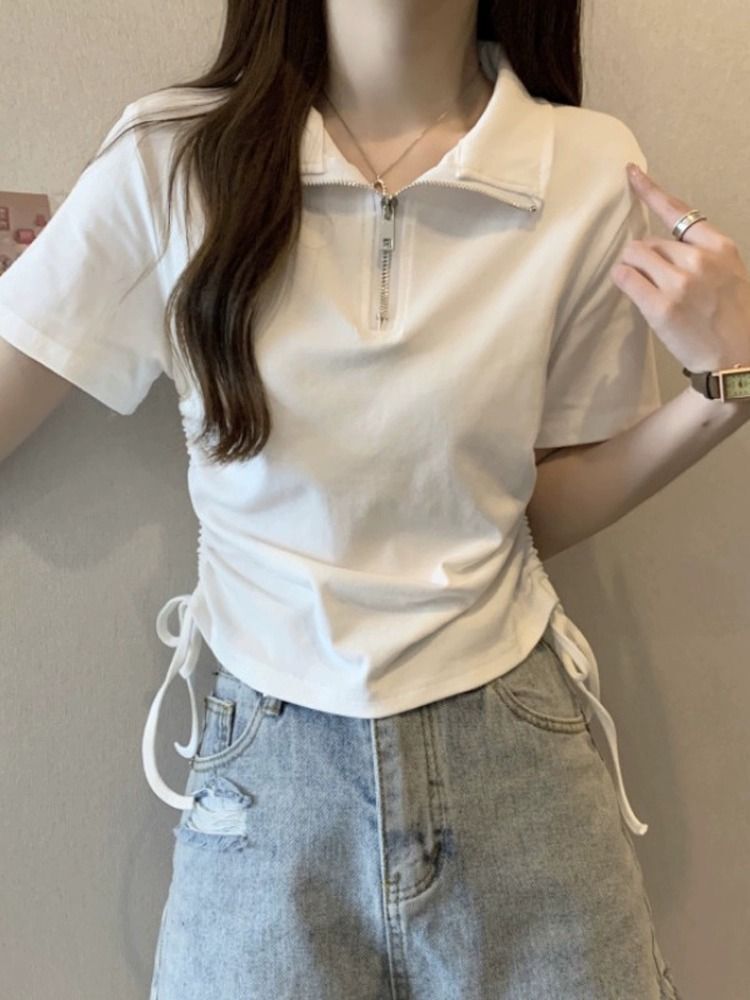【现货】女装POLO领拉链抽绳短袖T恤正肩显瘦韩版百搭短款上 【现货】女装POLO领拉链抽绳短袖T恤正肩显瘦韩版百搭短款上