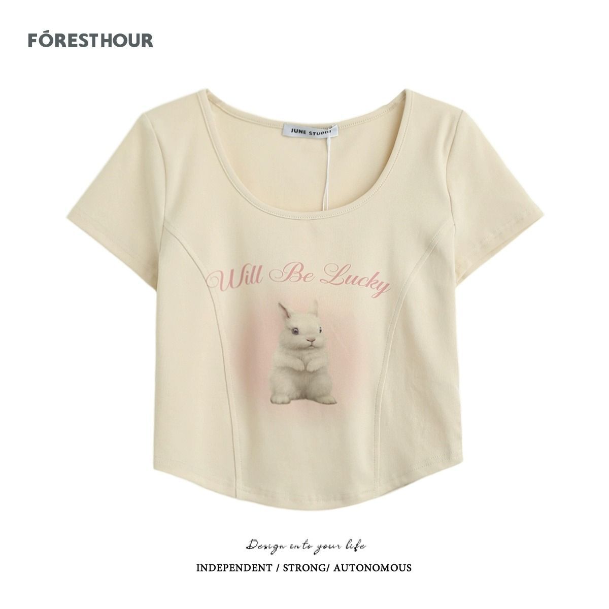 官图 实价 新款bm风纯欲短款鱼骨弧形兔子印花U领短袖T恤