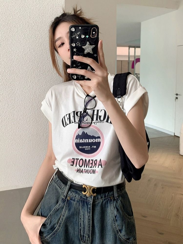 官图实价 美式印花奶系卷边正肩短袖女夏日多巴胺穿搭设计感上衣