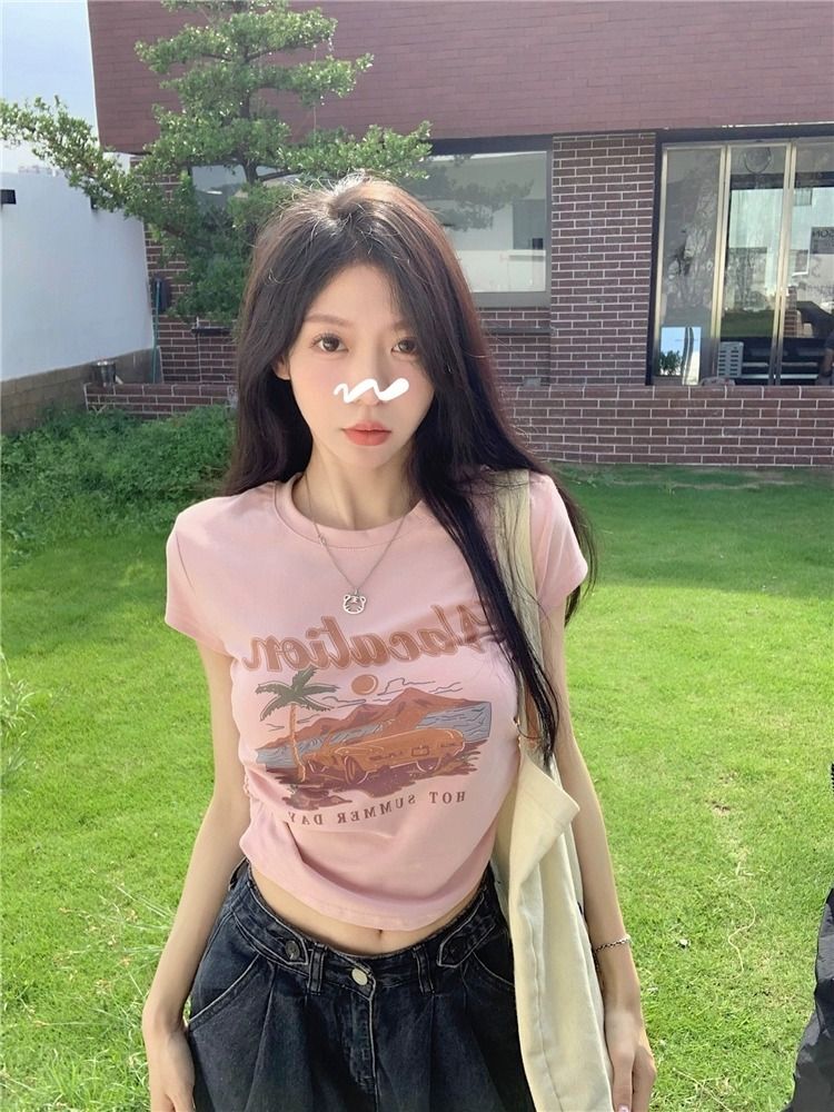 官图实价 辣妹字母印花短袖T恤女夏季小众褶皱修身显瘦打底衫短