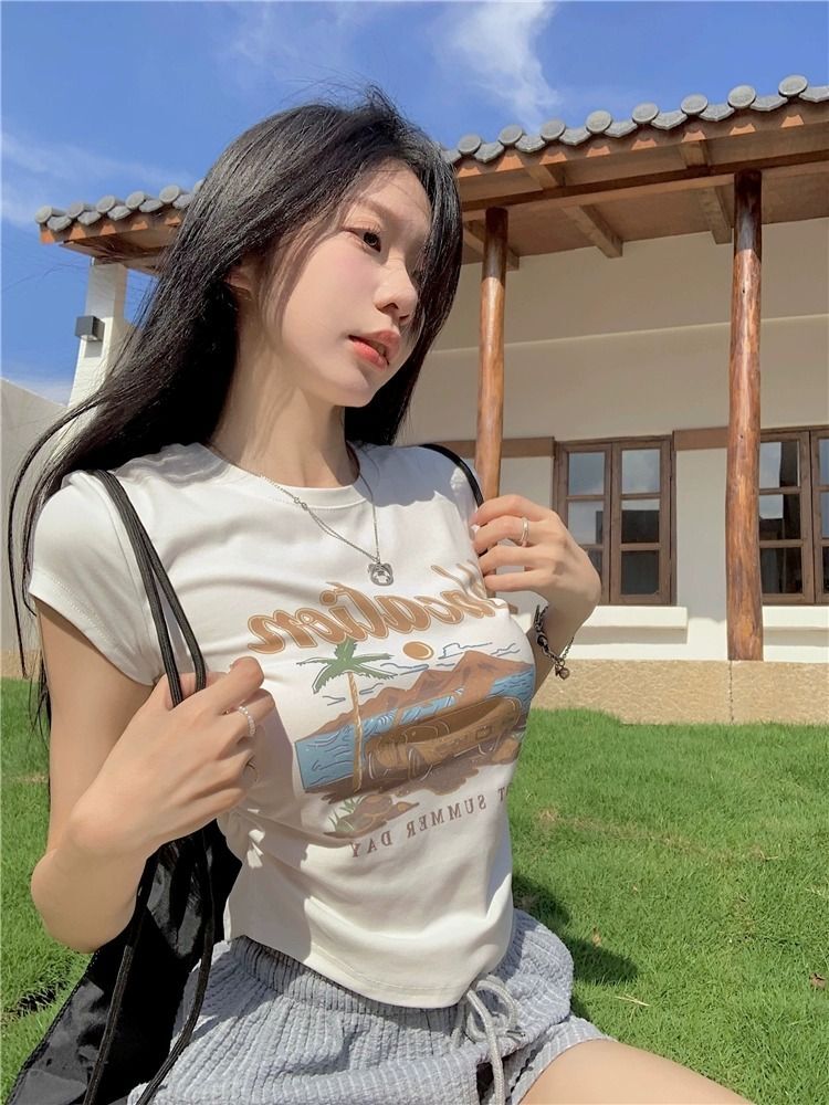 官图实价 辣妹字母印花短袖T恤女夏季小众褶皱修身显瘦打底衫短