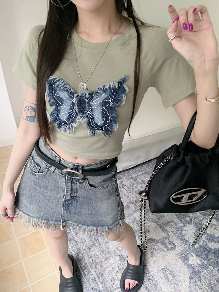 官图现货 美式立体蝴蝶t恤女复古设计感小众修身短袖甜辣短款上