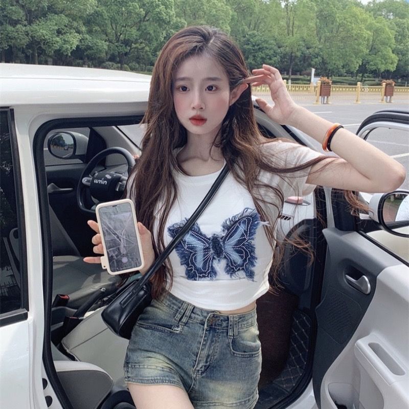 官图现货 美式立体蝴蝶t恤女复古设计感小众修身短袖甜辣短款上