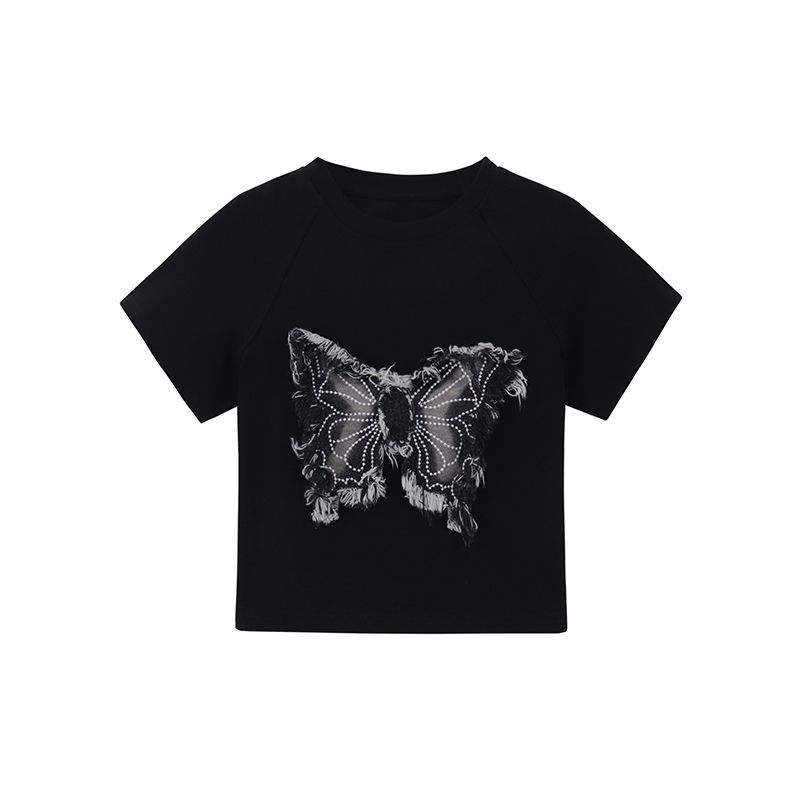 官图现货 美式立体蝴蝶t恤女复古设计感小众修身短袖甜辣短款上