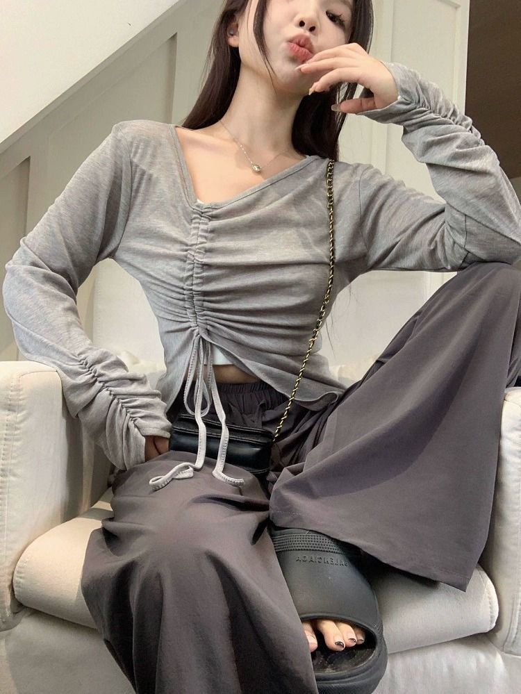 MR【天丝螺纹】设计感抽褶系带T恤套装不规则防晒衫夏季新款 MR【天丝螺纹】设计感抽褶系带T恤套装不规则防晒衫夏季新款